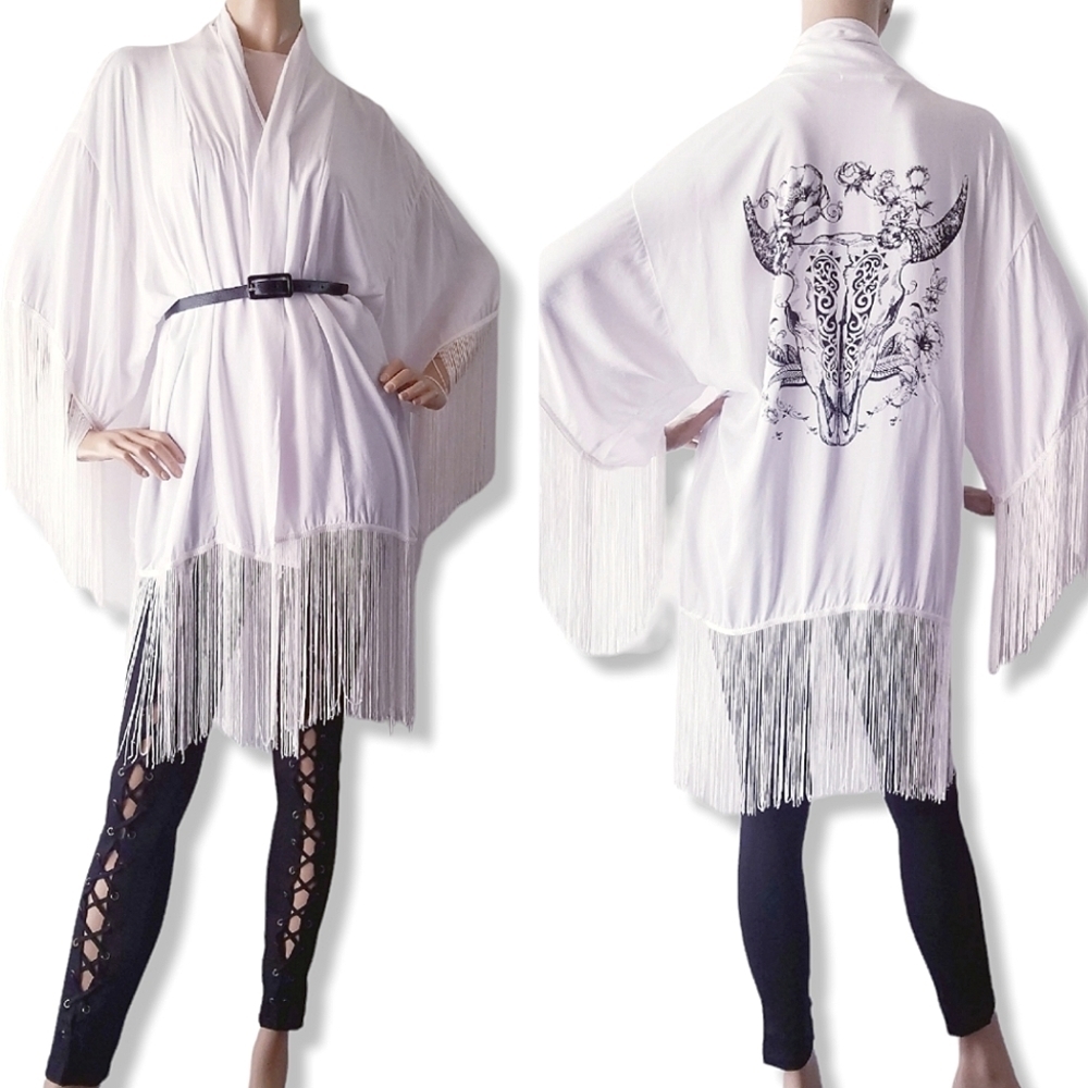 Haute Society White Fringed Trim Skull Horn Print Boho Open Front Kimono